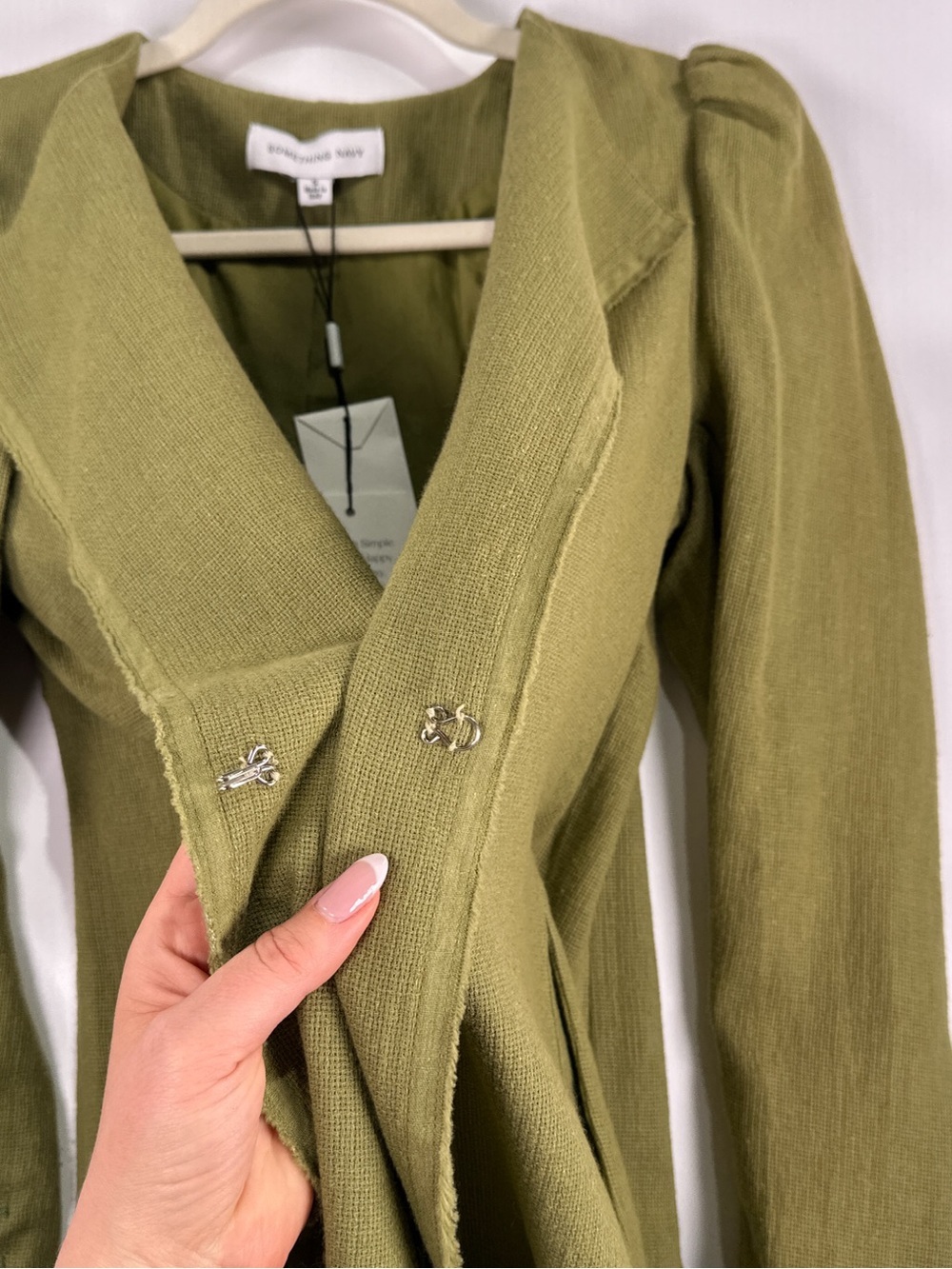 Something Navy Puff Shoulder Blazer Raw Hem Linen Cotton Blend Green Small - Picture 5 of 14